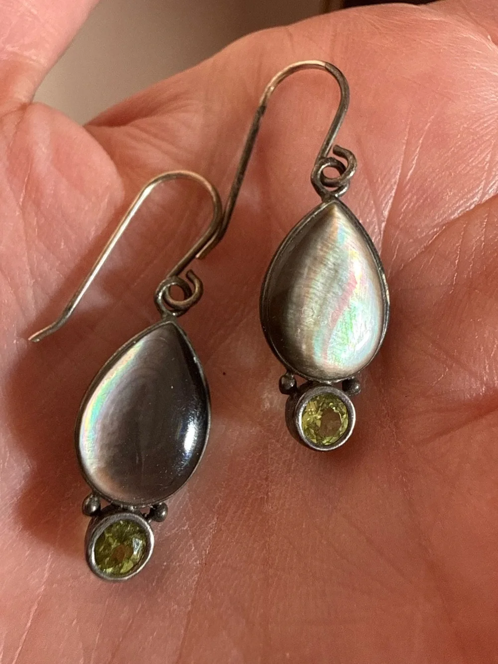 Sterling silver Abalone shell tear drop green Peridot Dangle Minimalist earrings